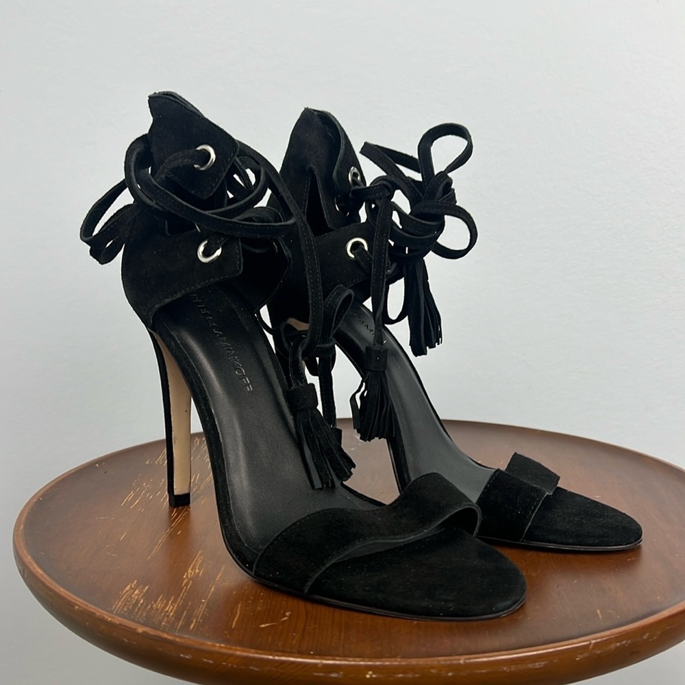 Rebecca Minkoff Riley size 8.5 Black suede ankle wrap tassel Heels